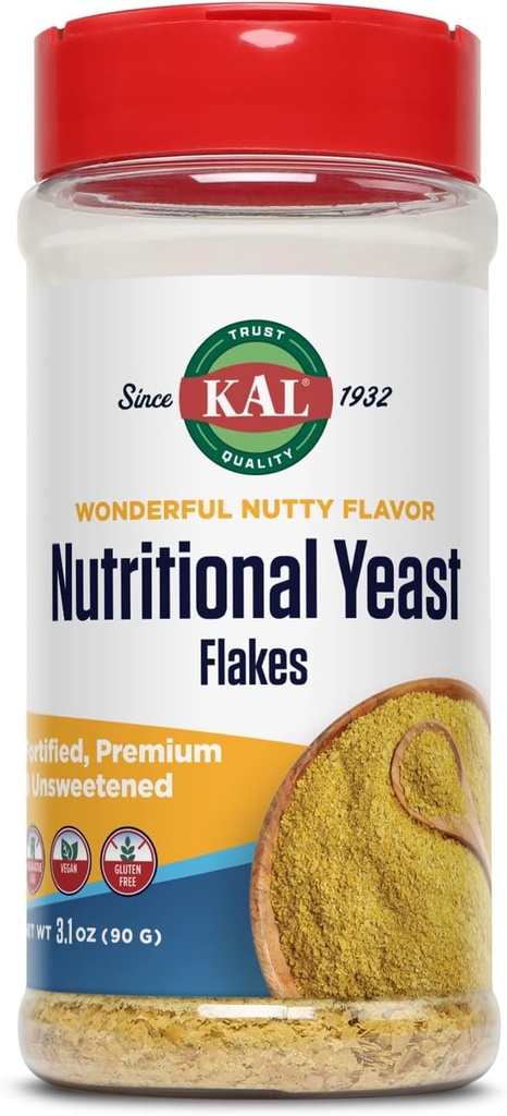 KAL Næringsmiddel Yeast Flakes, Forsterket med B12, Folsyre og andre B-vitaminer, usveiset, Great Nutty Flavor, Vegan & Glutenfri, 60-dagers pengene tilbake garanti, laget i USA, 20 serveringer, 3.1oz
