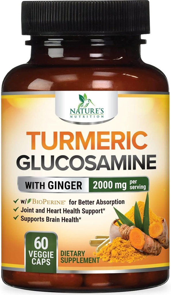 Curcumin Turmeric Suplemento 2000mg - 95% Curcuminoides con Glucosamina, Ginger &amp; MSM, BioPerine Black Pepper para la mejor absorción, Apoyo Conjunto Vegano de la Naturaleza, Non-GMO, Botellado en EE.UU. - 60 cápsulas