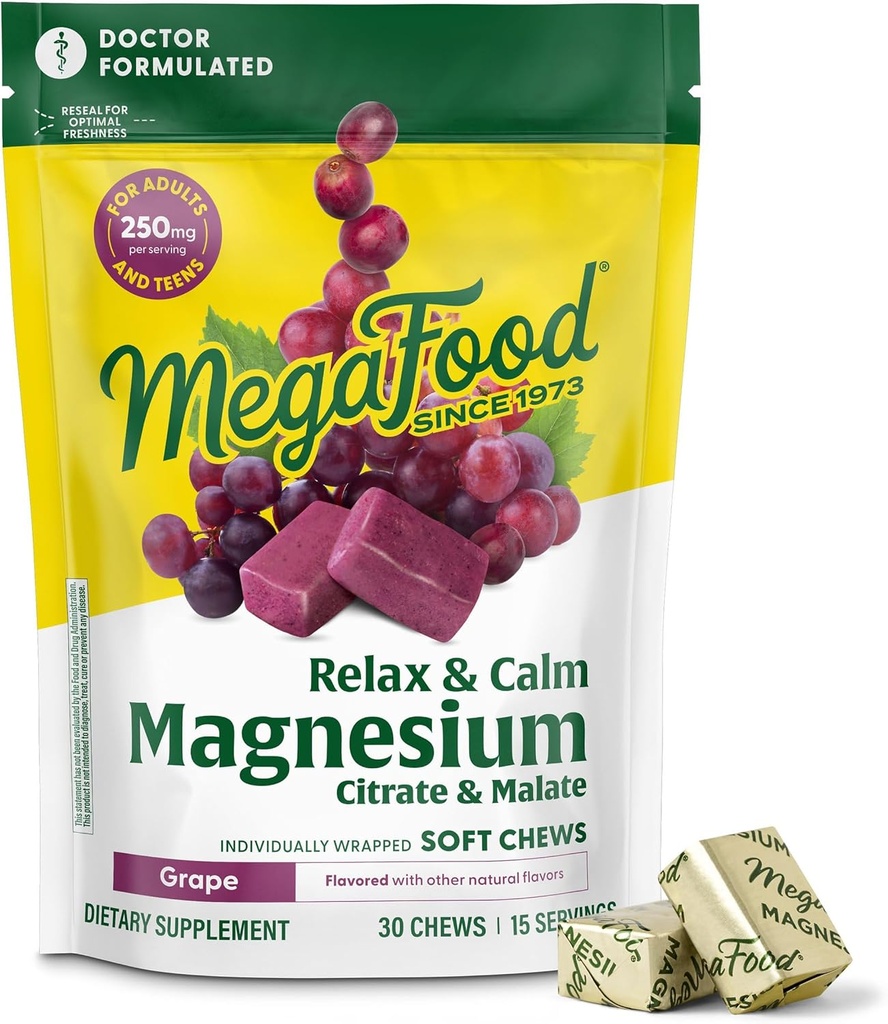 MegaFood Relax + Kalm Magnesium Supplement - Zachte Kauwen met Magnesium Citraat & Malate voor de gezondheid van het hart, spierspanning & More - Vegetarisch - Druivensmaak - 30 Kauwen (15 Serven)
