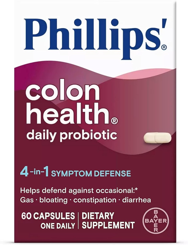 ฟิล ลิ ปส์'Colon Health Daily Protosia Capsoles 4 ใน 1 Symptom Ruide เพื่อช่วยป้องกันก๊าซออคคาทอเรียล, brolitation, constition, and RVElia, Daily Supplement, 60 เคานต์