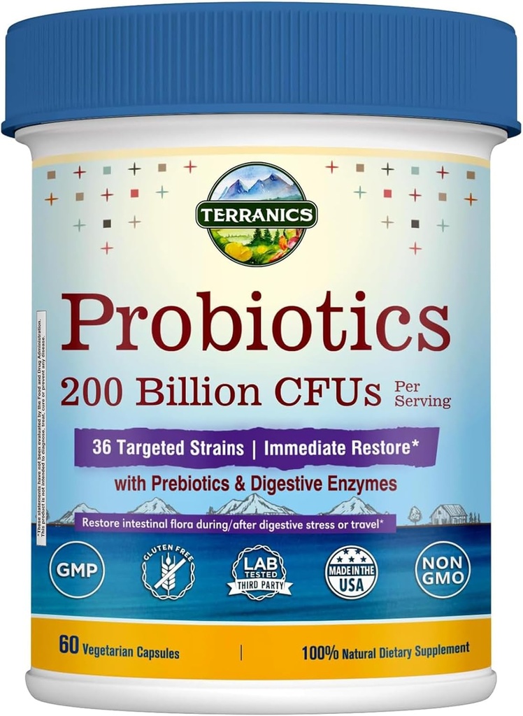 Terranics Daily Probiotics for Men & Women, 200 Billion 36 Trans Immediate Restore Probiotics, with Prebiotics & Enzymes, sveiki reguliarumas, uždelstas spaudai, Sheldstable, 60 Veggie Caps