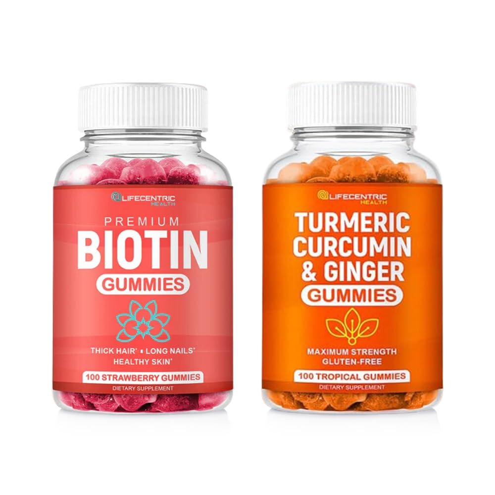 Biotin & Turmeric Vegan Gummies Combo | Max Strength Hair Growth, Skin Health, and Overall Wellness | 10000mcg Biotin & 95% Standardized Turmeric Curcumin | Natural, Non-GMO and Gluten-Free Supplement