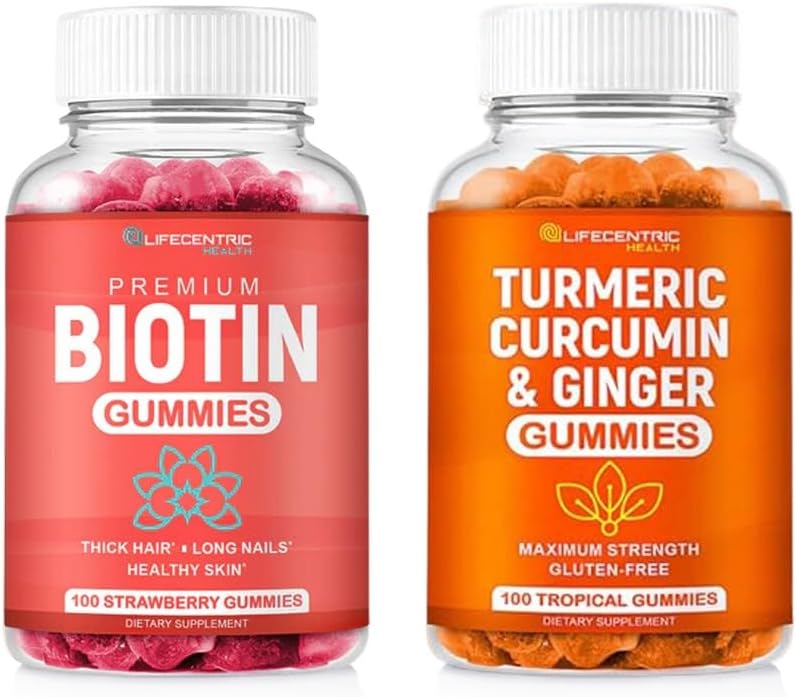 Biotin & Turmeric Vegan Gummys Combo 最大强发生长,皮肤健康,以及整体健康 1000mcg Biotin & 95% 标准化 Turmeric Curcumin → 天然,非GMO 和 Gluten 免费补充