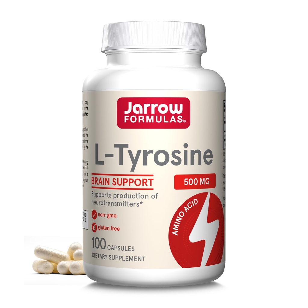 Jarrow Formulas® L-Tyrosine 500 mg, Dietary Supplement, Amino Acid Supplement for Brain Health Support, 100 Capsules, 100 Day Supply