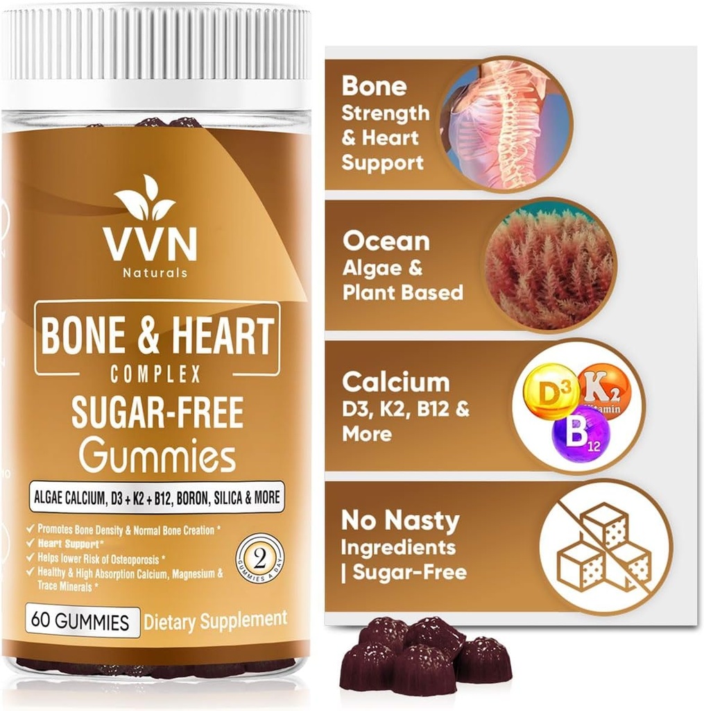 Vegan Calcium Gummies K2 với MK-7-D3, Magnesium & 13 Trane Minerals, hỗ trợ xương Density  basissity B12 - Bone & Heart complex, 60 ct.