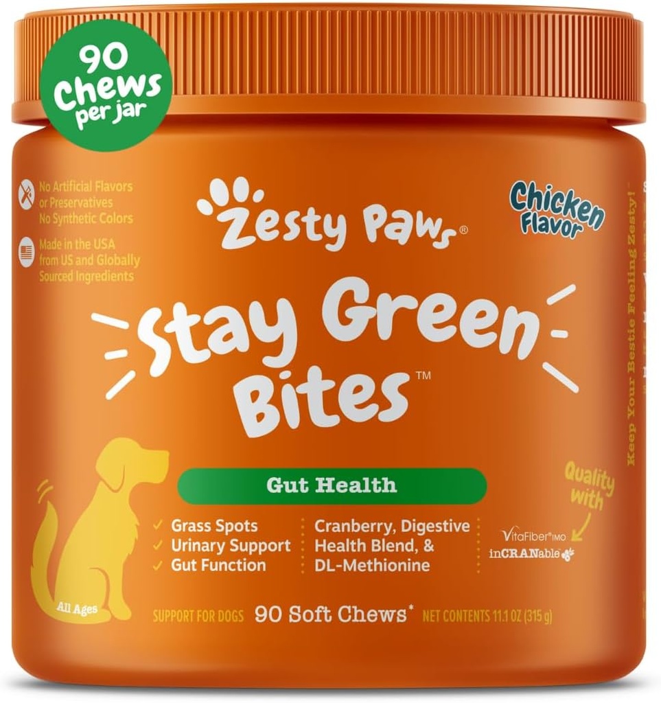 Zesty Paws Stay Green Bites for Dogs - Grass Burn Soft Chews for Lawn Spots Caused by Dog Urine - with Cranberry for Urinary Tract & Bladder - Chicken - 90 Count