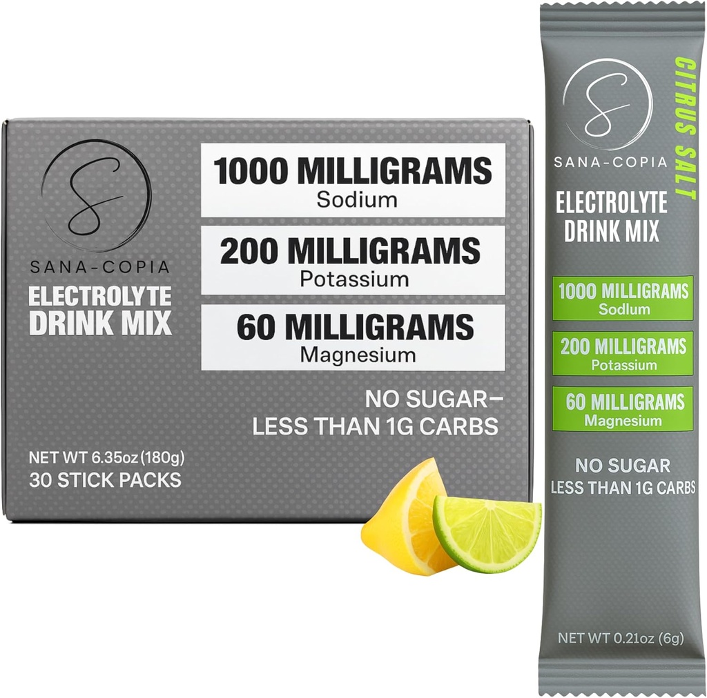 Electrolyte Drink Mix Hydration Packets: 1000mg Sodium, Potassium " Magnesium Citrus Salt Hydrating Powder, Zero Sugar - 30 Lemon Lime Electrolyte Powder Packets, for Rehydration or Dehydration Relief