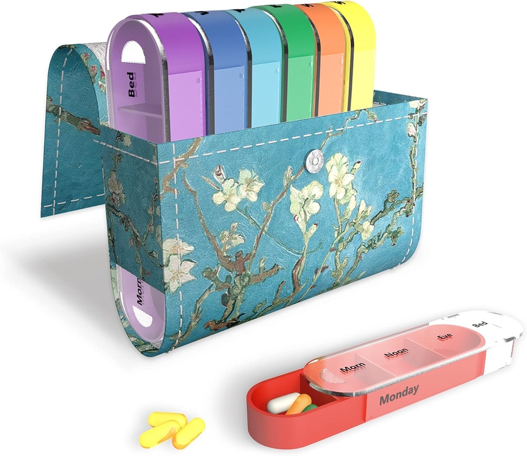 Pill Organizer, LizIMANDU Hetente Travel Pill Case Box Medication Reminder Daily AM PM, Day Night 7 Commodities, for 4 Times Egy nap, 7 nap egy hét-Tartalmazza bőrrel PU hordozó ügy (Peach Blossom)