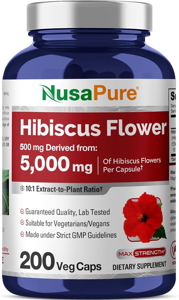 NusaPure Hibiscus Bloem 10:1 Extract, 500 mg Equivalent aan 5000mg 200 Vegetarische Caps (Non-GMO, Veganistisch)