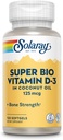 SOLARAY Super Bio Vitamina D3 en aceite de coco - D3 Vitamina 5000 IU - Saúde ósea e Suplemento Inmuno - Lab Verificado, Made Wtihout Soy, 60-Day Garantía - 120 Softgels, 120 servizos