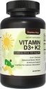Vitamina D3 K2, vitamina D3 5000 IU (125 mcg) + Vitamina K2 100 mcg, 2 en 1 D3 e K2 Suplementos para ósos, dentes, músculo e apoio inmune, 60 Softgels