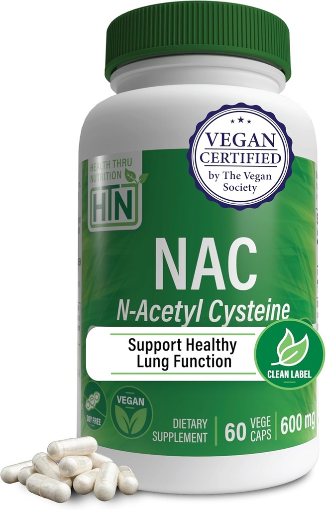Health Thru Nutrition NAC N-Acetyl-Cysteine 600mg 60 kapslar | Vegan Certified | Den renaste NAC Supplement | Stöder Hälsosam Lung, Liver Functions & Cellular Health | Non-GMO Soy & Gluten Free