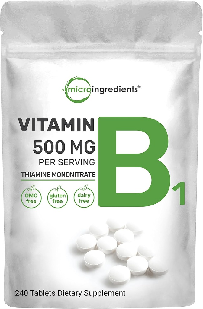 Micro Ingredientes Vitamina B1 500mg por porción, 240 tabletas | Suplemento de vitamina B1, vitaminas B esenciais | Apoia o metabolismo e sistema nervioso saudable | Non-GMO, fácil de aliviar
