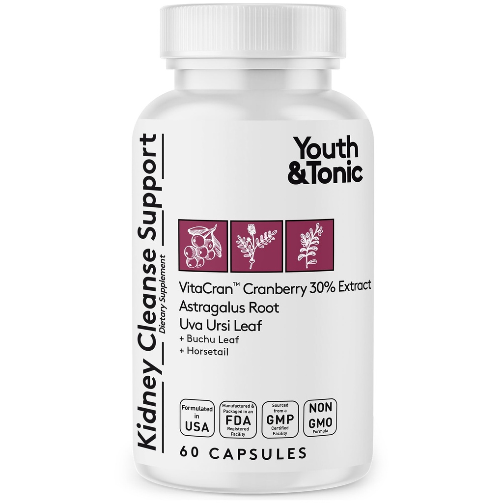 Youth & Tonic Kidney Cleanse Detox for Residual Metabolic Waste & Excess Body Water for Urinary Tract & Bladder Health 60 Capsules