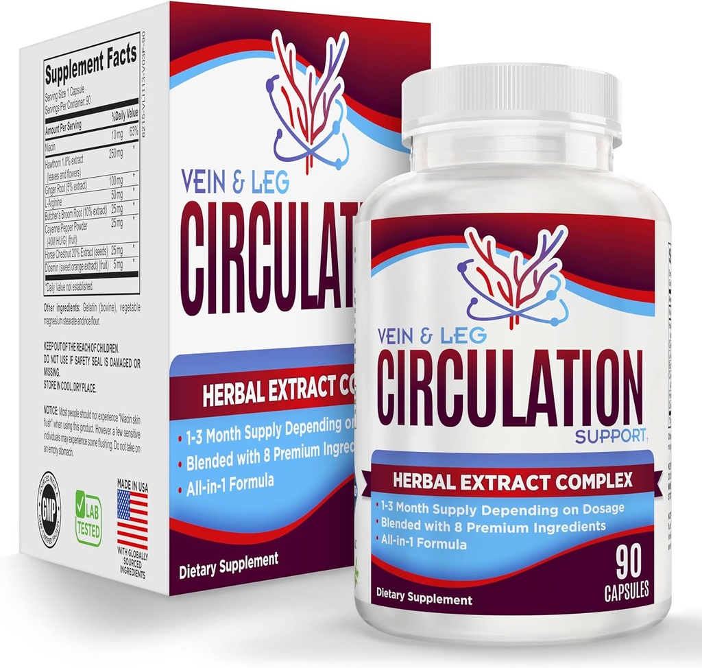 Vein & Leg Circulation Supplement (All-in-1) Health Support with 8 Active Ingredients | Blood Circulation Booster Formula | Leg & Vein Supplements | 1-Month Supply | 90 капсул