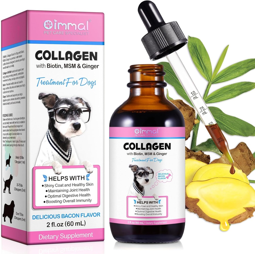 Collagen for Dogs, Dog Collagen Liquid Drops with Biotin, MSM & Ginger Digetical & Immunity Support, Itch Relief, Skin & Coat and Joint Health, Dog Supplemen 60ml