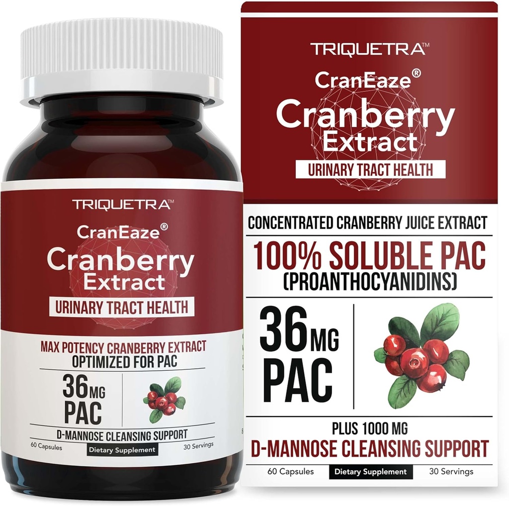 CranEaze®: Cranberry Juice Extract Plus D-Mannose - 36 mg PAC, 100% löslig PAC - Stöder urinvägshälsa - Mest effektiva tranbär piller för kvinnor, UTI Cranberry Supplement - 60 kapslar