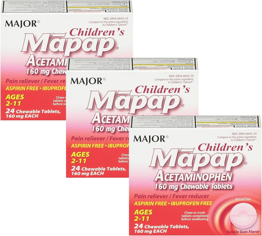 MAJOR Mapa Acetaminofeno 160 mg Comprimidos Mastigáveis - Reliever/Redutor de Febre - Aspirina Livre - Ibuprofeno Grátis - para Idades 2 a 11-24 Contagem (3 Embalagem)