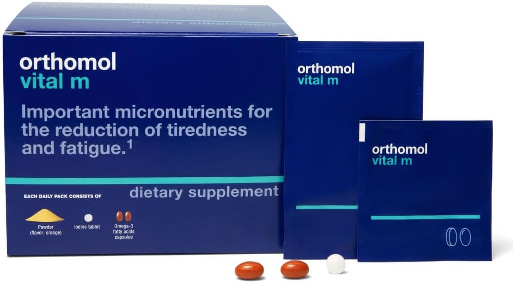 Ortomolo Vital M Powder i paquets de taules per a homes, 30 dies, Vitaminades suplementaris l'Energia Daily, Fatigue Reducció i implementació amb vitamines A, B, C, D, E, K, Omega-3 & Iodine