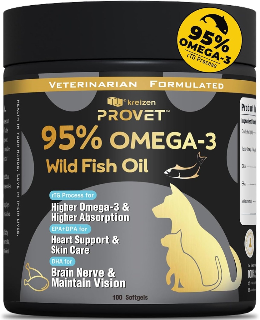 95% Omega 3 Rybí olej pro psy a kočky, Vet- Vyrobeno s RTG zpracovaného lososového oleje, Maximální EPA & DHA, Podporuje srdce, kůže, kabát, společné srdce a imunitní zdraví, 100 měkkých gelů
