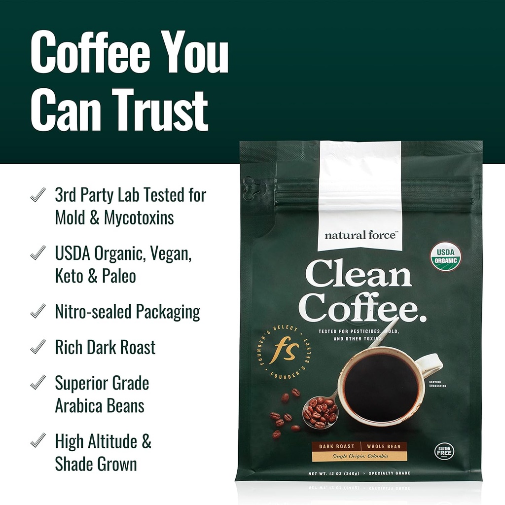 Natural Force Organic Dark Roast Clean Coffee + Organic MCT Oil Bundle - 100% Pure Coconut MCT & Mold & Mycotoxin Free Coffee - Non-GMO, Keto, Paleo e Vegan - 12 Oz e 16 Oz