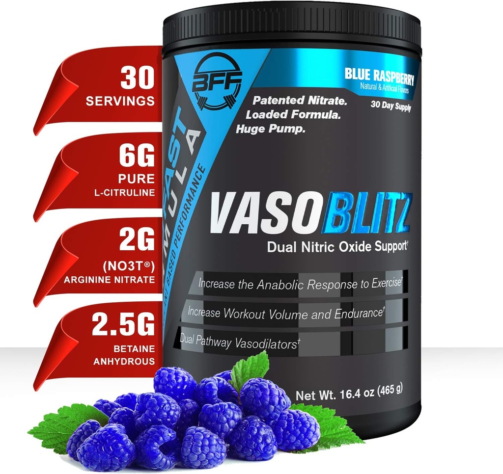 VASOBLITZ Award Winning Dual Nitric Oxide Pre Workout with NO3T Arginin Nitrate, L-Citrulline, Betaine Anhydrile, vápenatý laktát, kofein zdarma pro svalovou endurance (30 Serving) (modrá Malina)