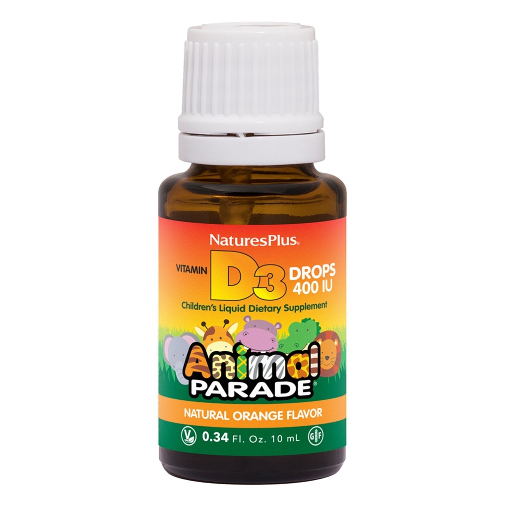 NaturesPlus Animal Parade Liquid Vitamin D3 Drops for Children - 400 IU, 10 mL - Orange Flavor - Bone Health & Immune System Support Supplement - Gluten Free, Vegetarian - 365 Servings
