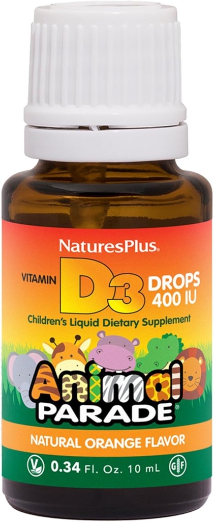 NaturesPlus Animal Parade Liquid Vitamin D3 Gocce per bambini - 400 UI, 10 mL - Arancione Flavor - Bone Health & Immune System Support Supplement - Gluten Free, Vegetariano - 365 Serve