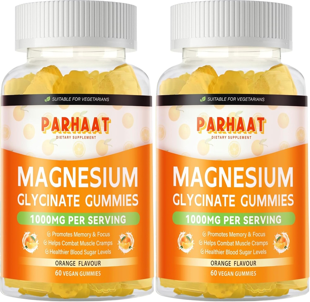 Magnesio Glycinate Gummies 1000mg - Suplemento de Potasio de Magnesio Libre de Azúcar con Vitamina D, B6, CoQ10 para calma Mood &amp; Sleep Support - 120 Orange Gummies 2 Pac