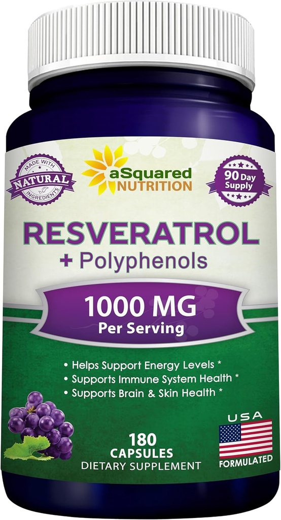 ASquared Nutrition Natural Resveratrol with Red Wine Extract - 180 Capsules - Trans Resveratrol Antioxidant supplement Pills for Pure Heart Health - Extra Strength Trans-Resveratrol