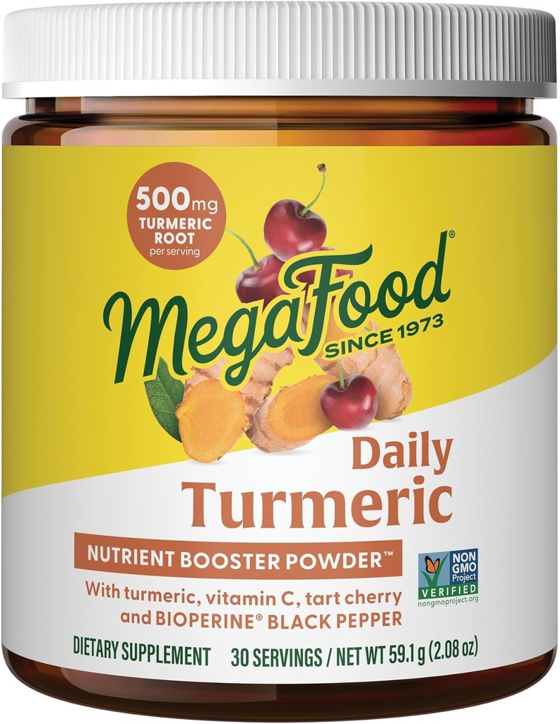 MegaFood Daily Turmeric Nutrient Booster Powder - Turmeric Supplement - with Black Pepper Extract, Tart Cherry & Vitamin C - Vegan - Made Without 9 Food Allergens - 2.08 Oz (30 Servings)