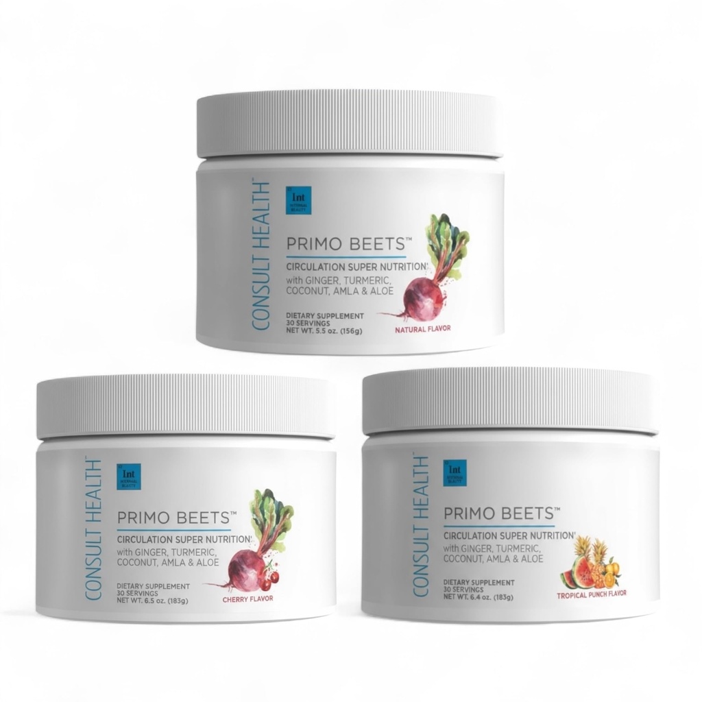 Consult Health Primo Beets Beet Root Powder Drink Mix with Nitrates, Daily Circulation Support with Ginger and Turmeric, 3 Pack of Flavors, Cherry, Natural, Tropical Punch 6.5 oz Each