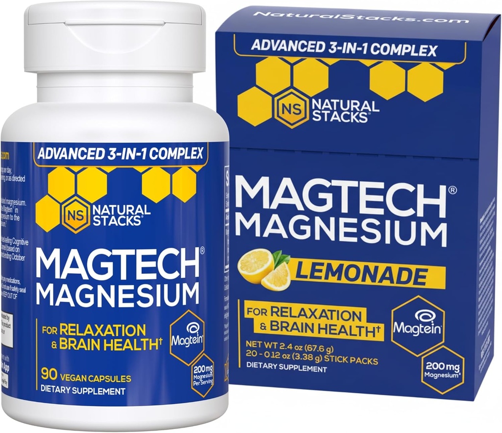 ПРИРОДНИ СТАКОВЕ MagTech Магнезиеви капсули + Magtech Drink Mix Bundle - Подпомага релаксацията и здравето на мозъка* - 50 Общо обслужване