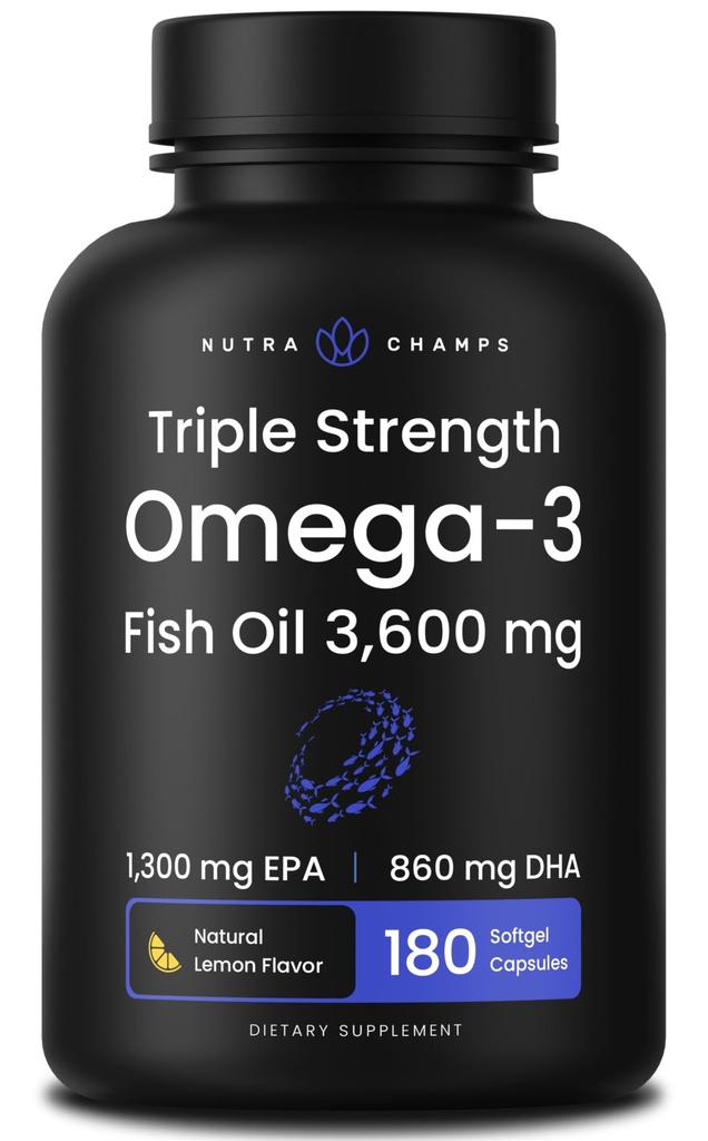 Triple Strength Omega 3 Fish Oil 3600 mg | EPA & DHA | 180 Softgels | Burpless Fish Oil Supplement, Wild Caught | Over 2100mg Omega-3 Fatty Acids Supplements | Natural Lemon Flavor Omegas 3 Pills