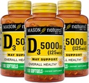 MASON NATURAL Vitamin D3 125 mcg (5000 IU) - podporuje celkové zdraví, posiluje kosti a svalstvo, z rybího jaterního oleje, 50 Softgels (balení po 3)
