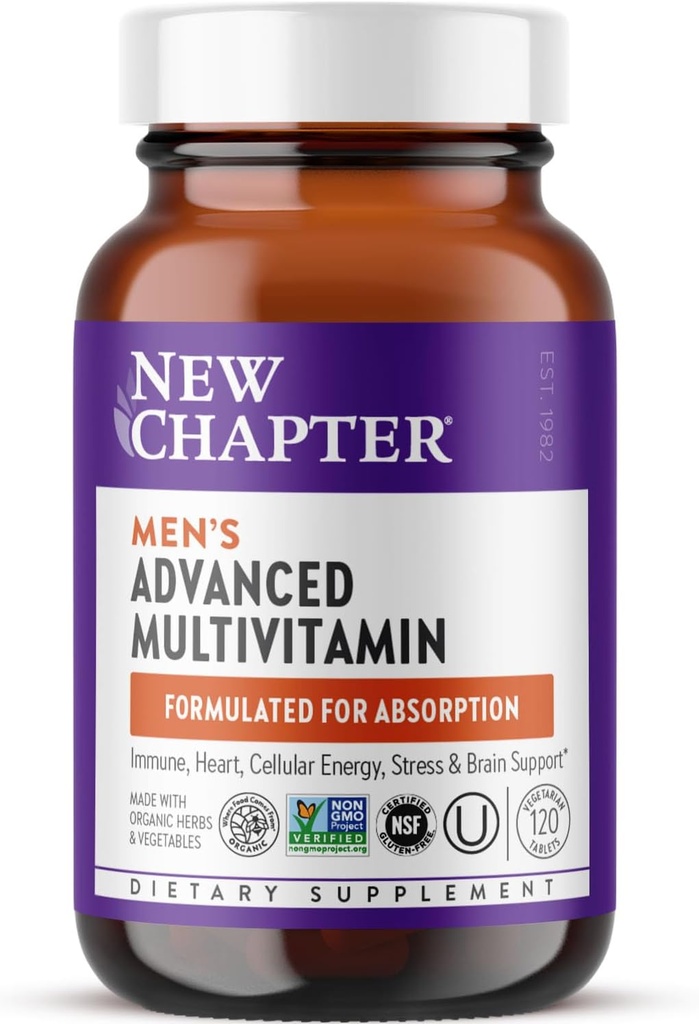 Nouveau chapitre Multivitamine masculine Formule avancée pour le stress, le cerveau, l'Immune, le coeur et l'énergie, niveaux plus élevés d'éléments nutritifs essentiels fermentés pour les hommes + sélénium + vitamine B, 120 ct