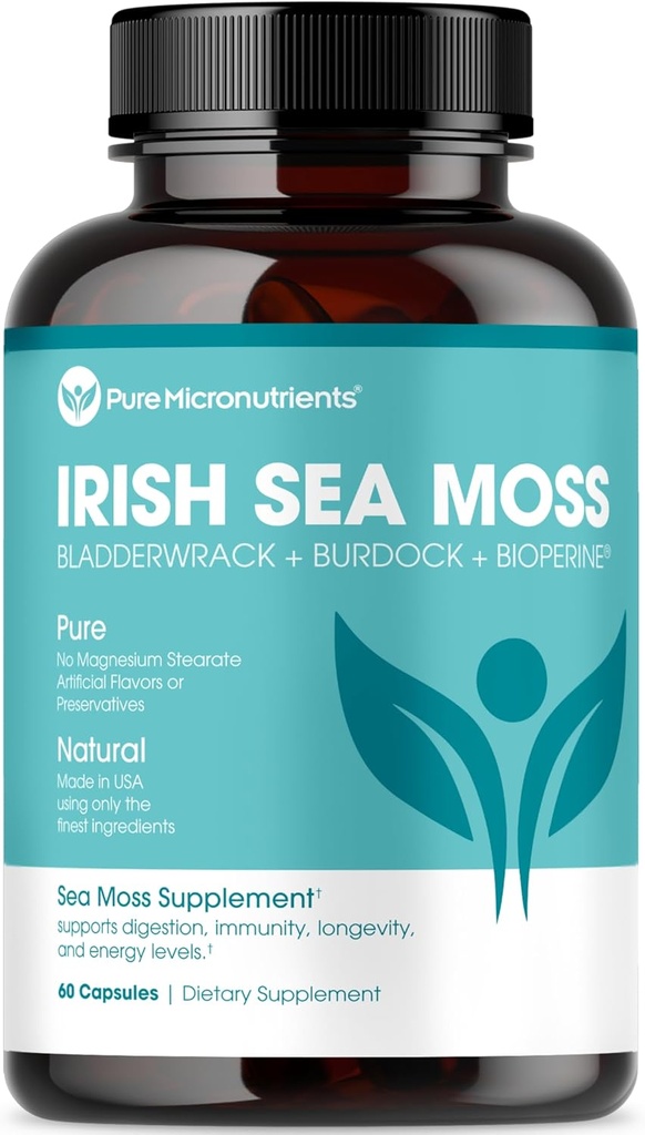 Pure Micronutrients Irish Sea Moss капсули - органични ирландски Seamoss Хапчета с Bladderwrack, Burdock & Black Pepper for Energy, Имунитет, щитовидна жлеза, Digestion, Heart and Bone Health
