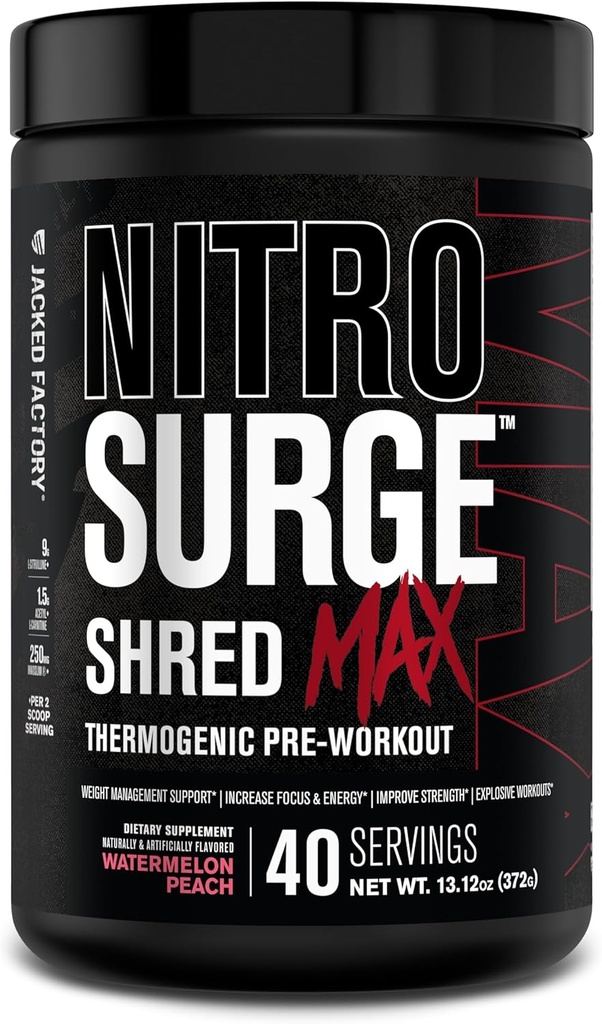 Замкнутая фабрика Nitrosurge Shred Max Preworkout - высокоэффективный термогенный предтренировочный порошок для мужчин и женщин - L Citrulline, Acetyl L Carnitine, органический кофеин - 40 сервизов, арбузный персик