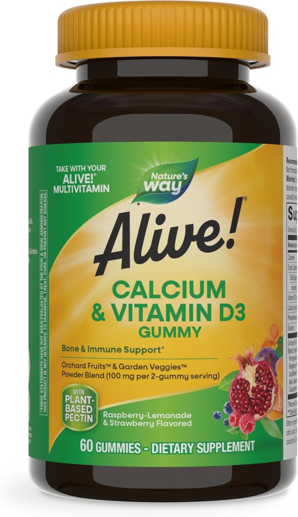 Cách sống của thiên nhiên! Hàng ngày Calcium & vitamin D3 Gummies, Bone Suppies*, Immunune Proproction*, dâu tây và Raspberryade Flavored, 60 Gummies