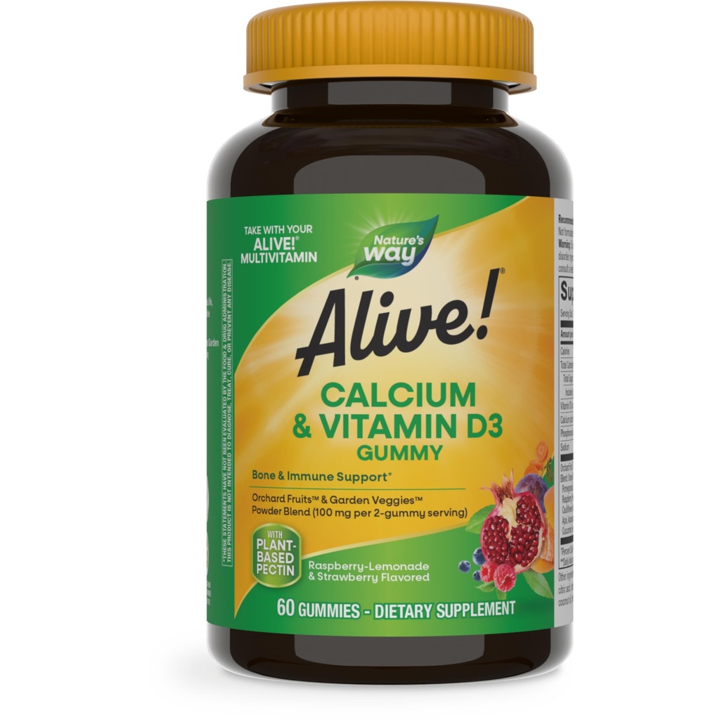 Nature's Way Alive! Chewable Calcium Gummies with Vitamin D3, Daily Supplement Supports Healthy Bones and Teeth, and Muscle Function*, Strawberry and Raspberry-Lemonade Flavored, 60 Gummies