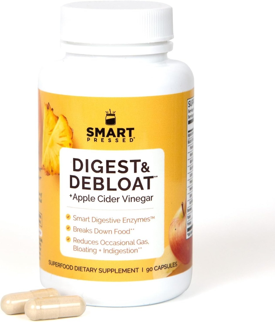 SMART Pressed Juice Digest & Debloat Digestive Enzymes Fast Acting for Acid Reflux Indigestion Heartburn Gas Bloat | All Natural Digestive Health with Apple Cider Vinegar, 90 Capsules Made in USA