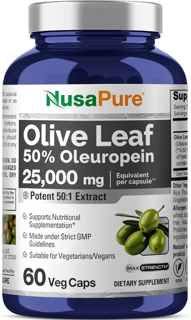 NusaPure Olive Leaf 50:1 Extrait, 500 mg Équivalent à 25 000mg - 50% Oleuropein Vegan/Végétarien - Super Résistance Pas d'huile 60 Capsules