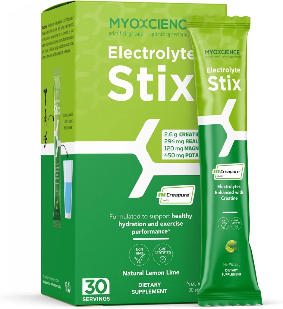 MYOXCIENCE Electrolyte STIX | Kreatiinelektrolüütpulber | Treeningust ja lihaste arengust taastumine ilma tõelise soolata (sidruni laimi maitse) (kuus 30 ct)