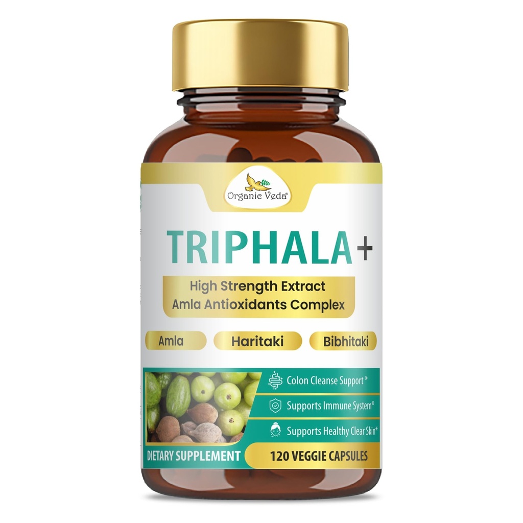 Organic Veda Triphala + Capsules - 20 X Concentrated Amla Juice Extract, Haritaki & Bibhitaki - Colon Cleanse, Digestive & Immune Health - Organic Triphala Supplement with Vitamin C, 120 Capsules