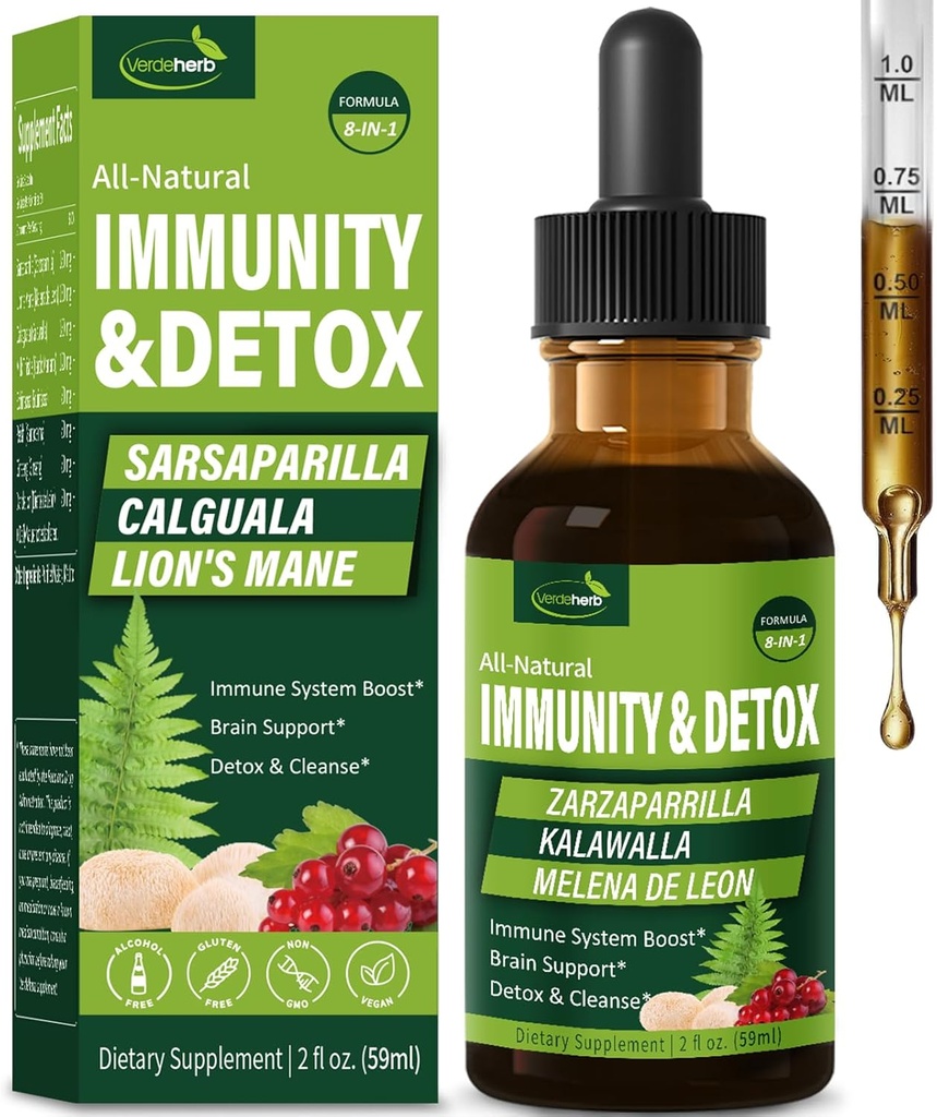 Sarsaparilla eta Kalawalla Root (Polypodium Leucotomos) Immunity & Detox Drops, Natural Herbal Immune onartzen Formula w/Lion's Mane. Gotas de Zarzaparrilla, Cardo Mariano y Melena. 2oz