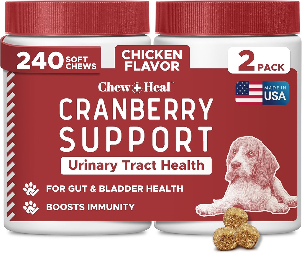 Dog UTI Treatment Cranberry supplement for Dogs, 240 Soft Chews - Natural Urinary Tract Infection Support and Healthy Bladder Control – Made with Echinacea and Vitamin C (2 Packs of 120)