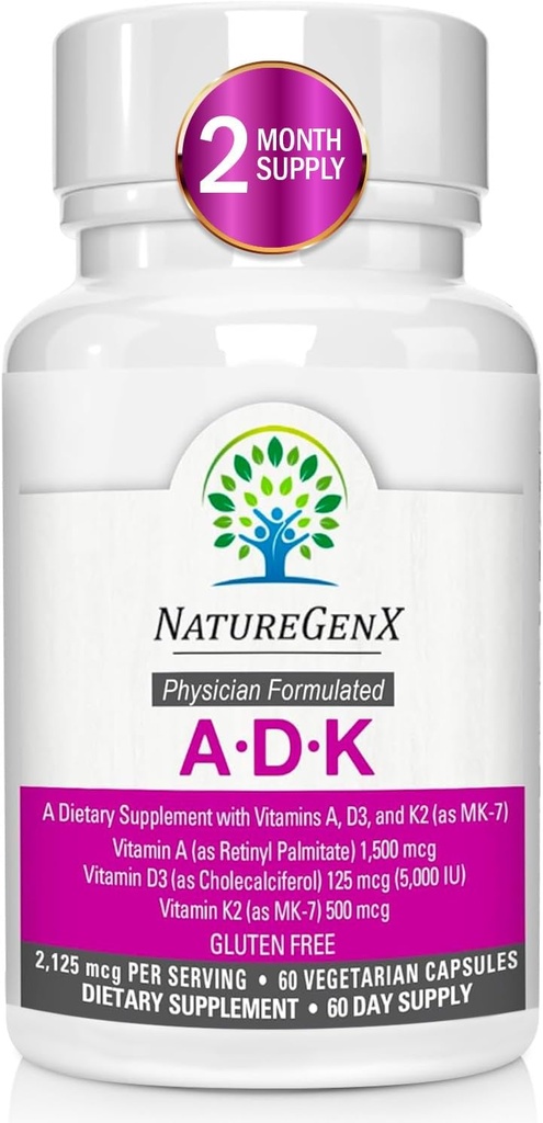 ADK Vitamin Supplemen 5000 IU - Potency Tinggi Vitamin A, D3, dan K2 untuk Bone Health dan Kalsium Absorpsi 124; Gluten- Free Vitamin ADK Suplemen, 60 Hari Suppply, 60 Capsules