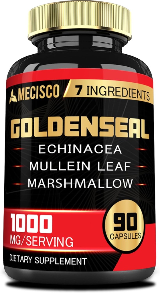 Goldenseal Root Capsule med Echinacea, Mullein Leaf, Plantain og mer - 90 Veggie Capsules - 7in1 støtter immunsystem, Digestiv helse, glatt pustende og kroppens ledelse