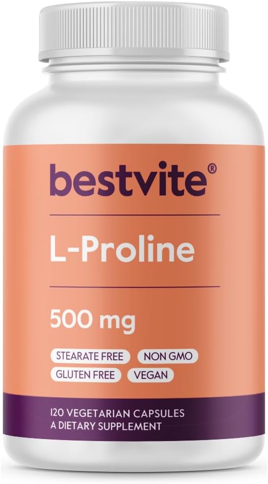 BESTVITE L-Proline 500mg (120 vegetariske kapsler) - Ingen stearates - Ingen fyllstoffer - Vegan - Glutenfri - Ikke GMO