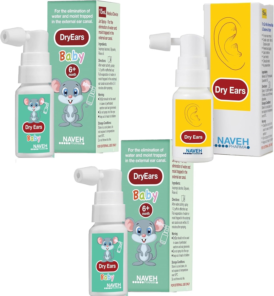 NAVEH PHARMA (2 Dry Ears Baby Unit 0.5oz + 1 Unit Dry 1oz) - Slotmers Ear Drops Sprey - Böyüklüyü və Uşaqlar / Remove Su Öpüşləri, İnfeksiya, infeksiya,